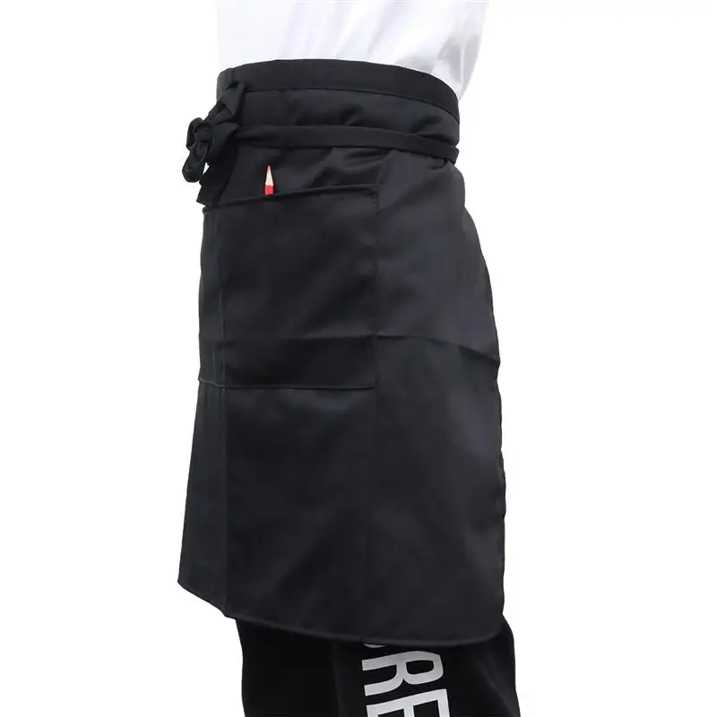 Black Kitchen Apron Universal Unisex Women Men Kitchen Cooking Waist Apron Short Apron Waiter Apron With Double Pockets