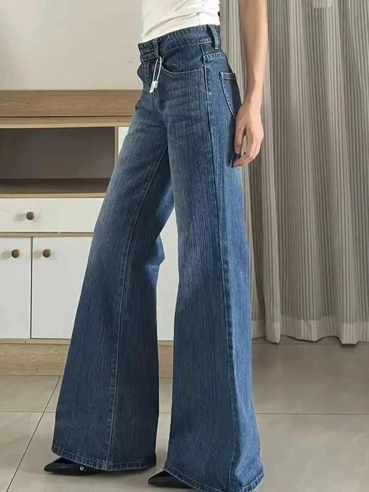 Women American Retro Low Waisted Flared Jeans Summer Thin Bamboo Pattern Non Stick Leg Loose Straight Wide Leg Pants
