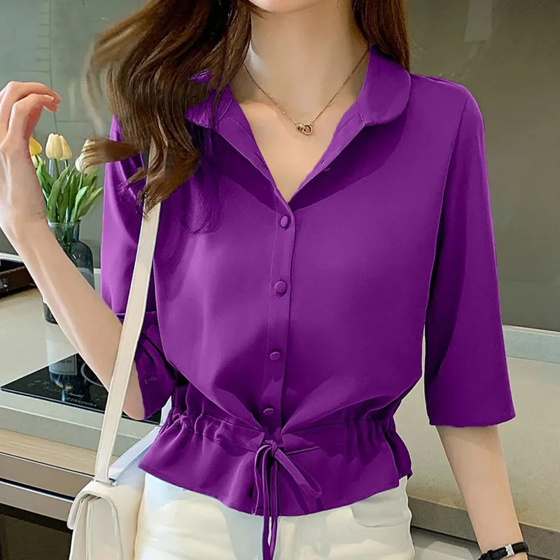 Fashion V-Neck Button Shirring Lace Up Shirt 2022 Summer Casual Tops Oversized Commute Women\'s Clothing All-match Korean Blouses