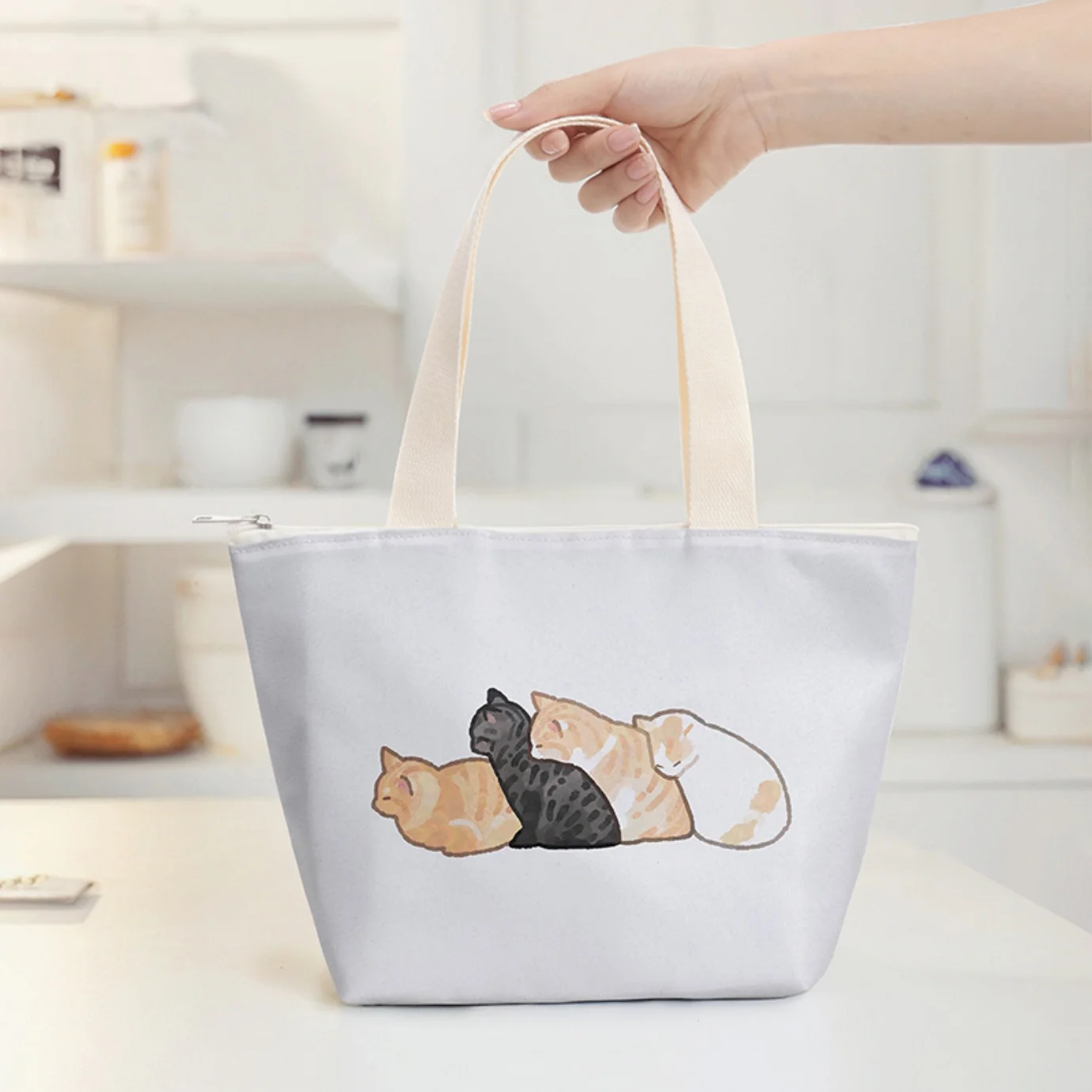Sleeping Cats Print Thermal Lunch Bag Zipper Insulated Tote Handbag, Lightweight Reusable Food Carry Bag for Daily Outdoor Use