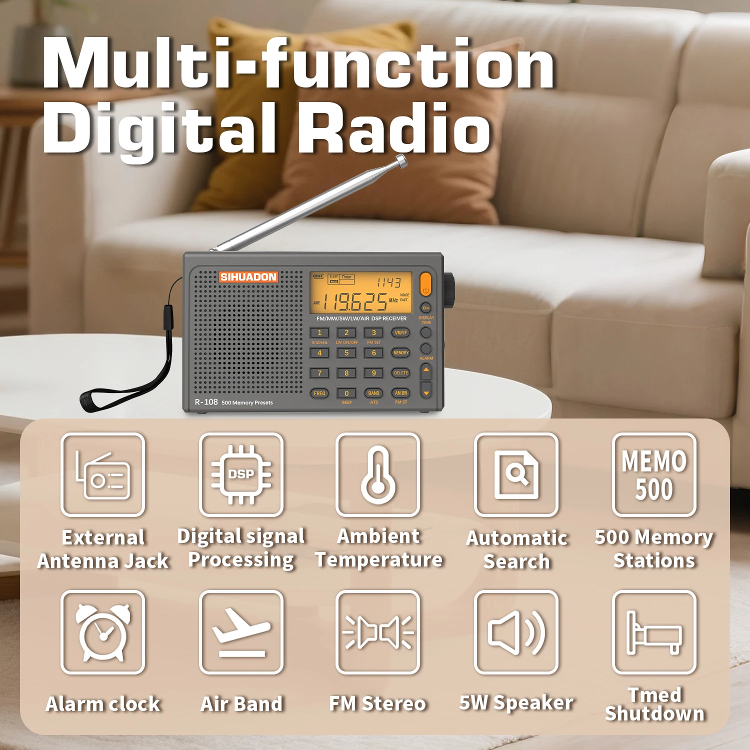 Sihuadon R-108 digitale portatile Radio Stereo FM LW SW MW aria DSP ricevitore Radio AM LCD suono funzione di allarme per Radio esterna