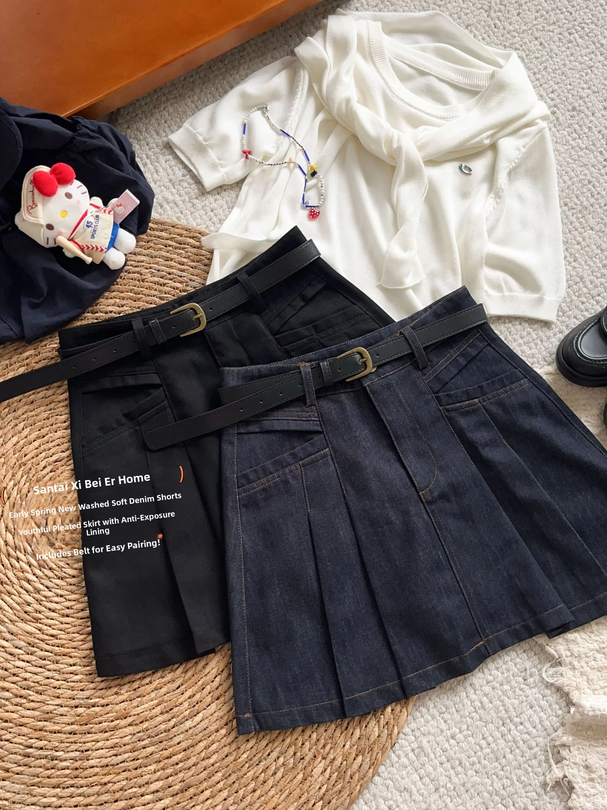 

Retro Washed Denim High Waist Half Skirt Women's Pleated Skirt Anti-Light Walking Brand Nameless Cotton Casual Skirt