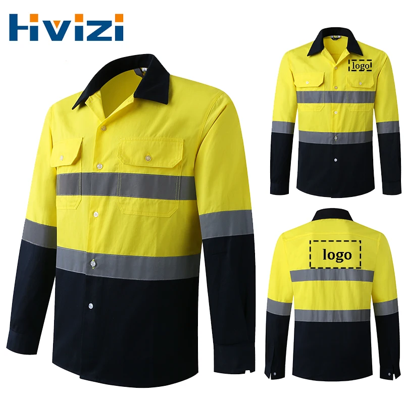 Logo Custom Reflective Shirt Long Sleeve Safety Shirts Work Shirt Men 100% Cotton Hi Vis Work Shirt