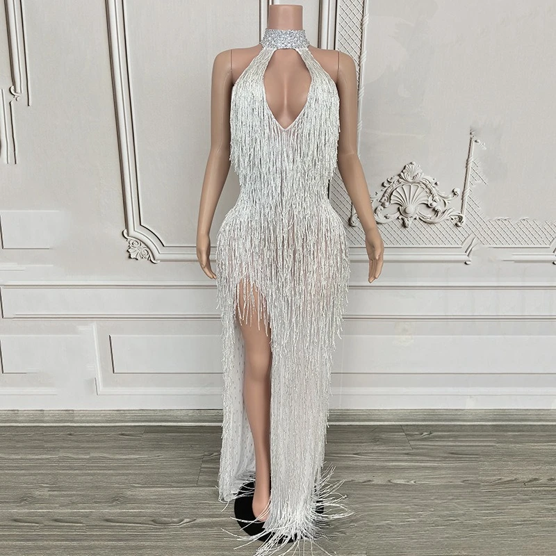 

Temperament Socialite Neck Fringed Long Dress Concert Dancer Performance Clothes Cocktail Party Social Evening Wear Sexy Dresses