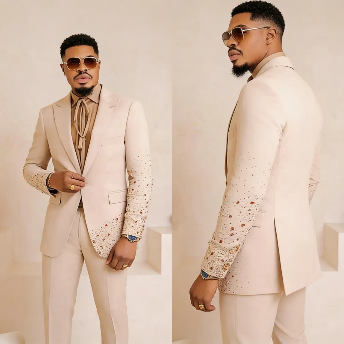 

Stylish 2 Pieces Men Suits One Button Peaked Lapel Groom Wedding Tuxedos Beaded Loose Fit Business Party Customized