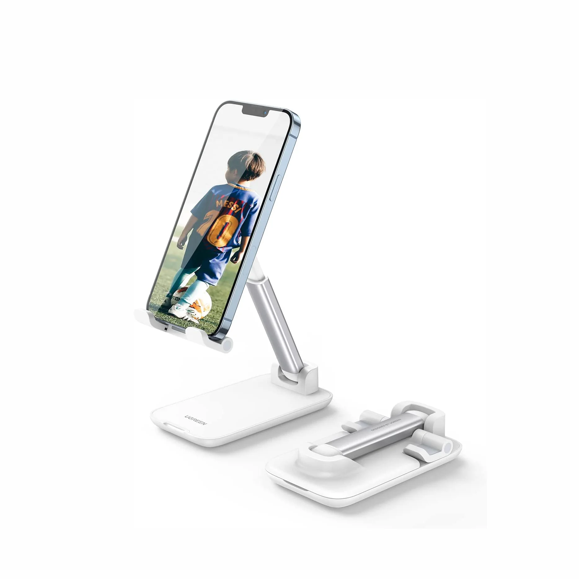 UGREEN Soporte para teléfono blanco Totalmente plegable y portátil Material ABS Mini soporte de escritorio Altura ajustable