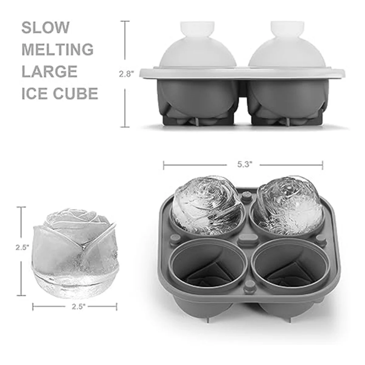 3D Rose Ice Square Mold,Ice Square Trays,Make 4 Giant Cute Flower Shape Ice,Dishwasher Grey Fun Big Ice Ball Maker