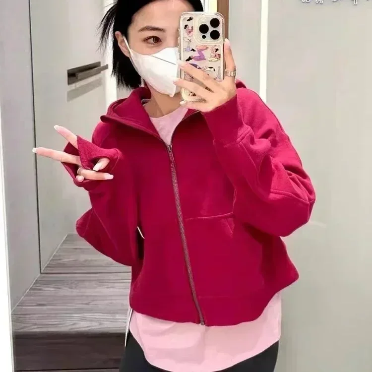 Lemon Women SCUBA Yoga Solid Sport Pullover Full zipper Hooded Sweatshirt Autumn Winter Warm Plush Outdoor Loose Easy Jacket