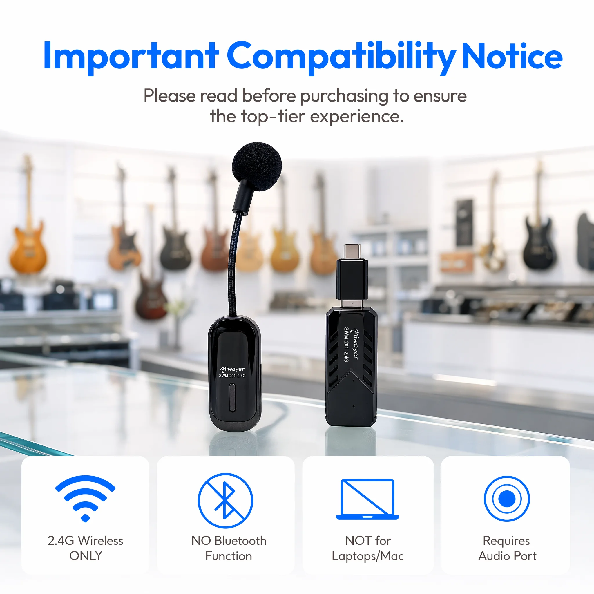 Miwayer SWM-202 4-in-1 Wireless Mic for Sax Guitar Violin, Play & Sing Together, Clip Suction Headset Pickup for Live Streaming view 3