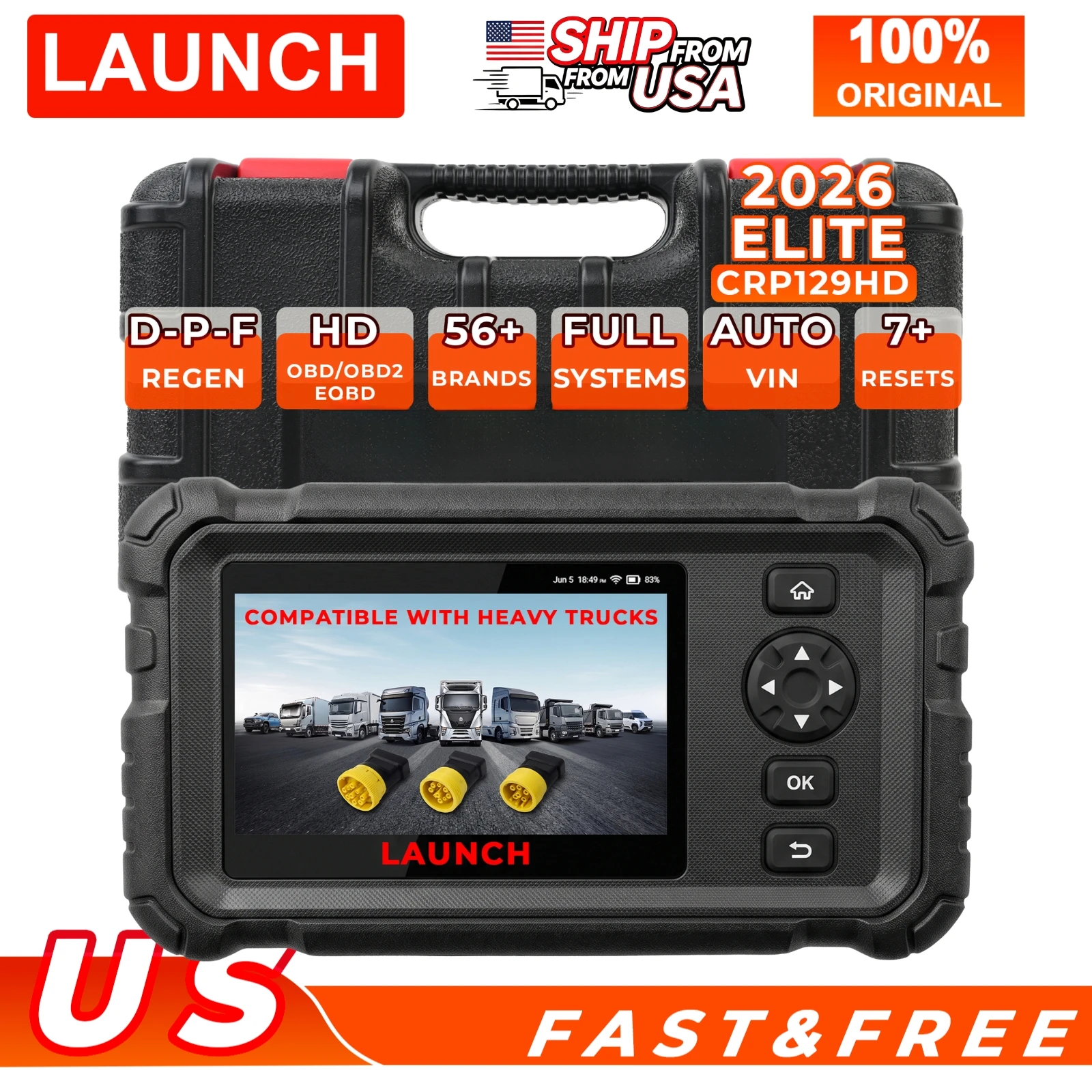 LAUNCH CRP129HD Heavy Duty Truck Scanner with DPF Regen & 7+ Resets Full-system Diesel Scanner Diagnostic Tool for Cummins, Detroit, Paccar with Remote Support and 2 Years of Free Updates
