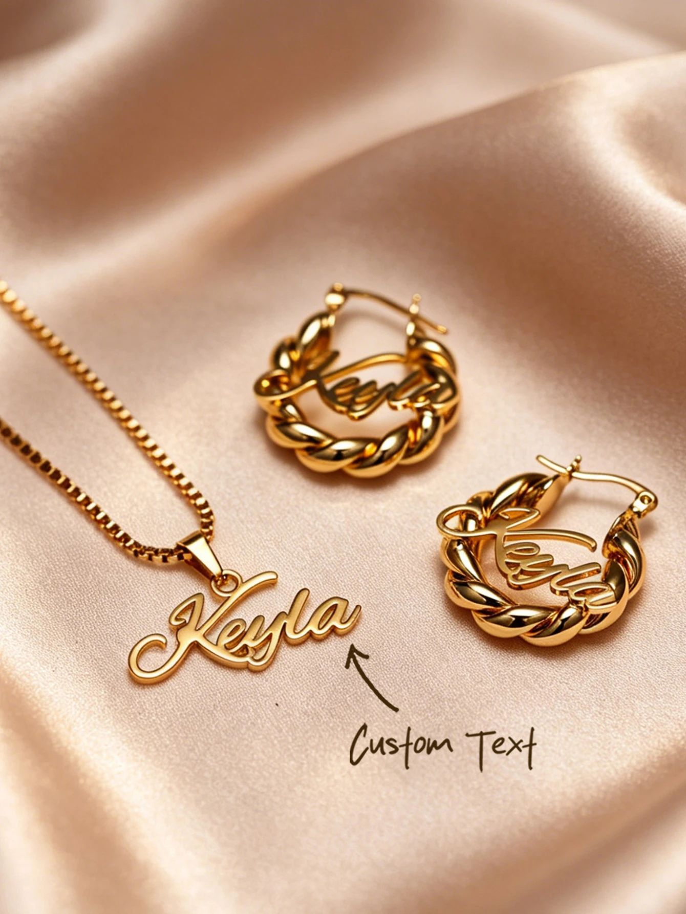 Ensemble collier et boucles d'oreilles surdimensionnées personnalisables en acier inoxydable, bijoux gravés personnalisés, cadeau avec nom personnalisé
