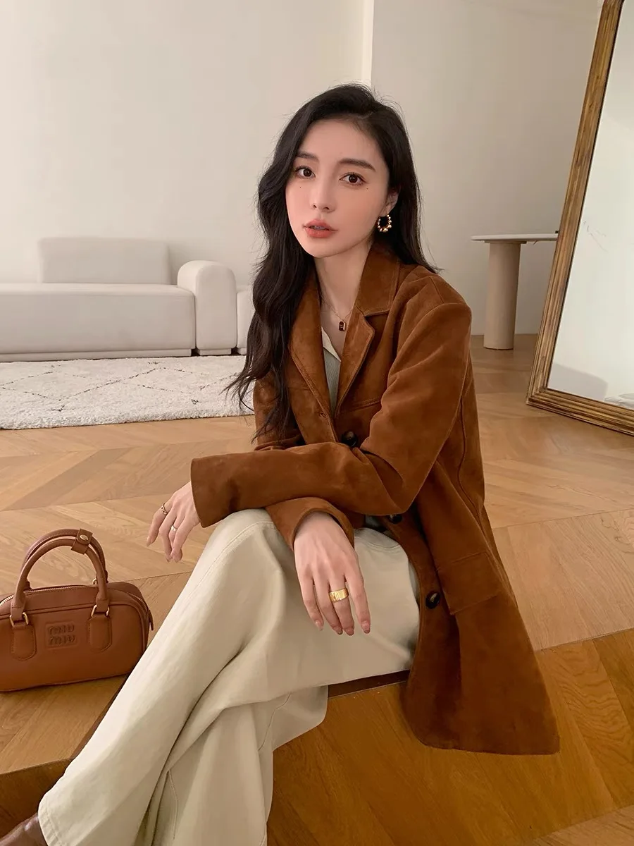 Real Leather Jackets Women Luxury 2023 New Korean Fashion Maillard Style Sheep Suede Blazer Women