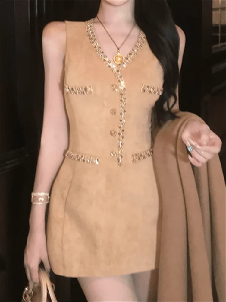 Abito da compleanno senza maniche con borchie di diamanti con scollo a V da donna elegante Abito da festa di lusso con celebrità di grandi dimensioni