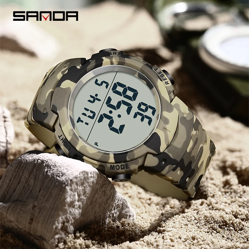 Fashion Sanda New 2182 Top Brand Single Display Electronic military Men's Camo Series Multi Functional Cool Waterproof Watches