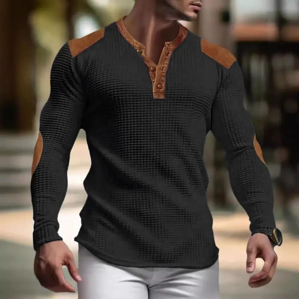 Men Sweatshirt Patchwork Retro V Neck Buttons Waffle Texture Pullover Colorblock Slim Fit Daily Wear Sport Vacation Top