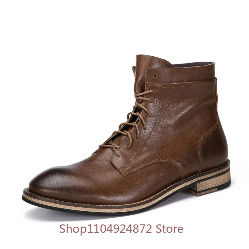 Designer Genuine Leather Ankle Boots Men's Brown Round Toe Lace Up High Top Casual Walking Autumn Winter Wool Chelsea Boots