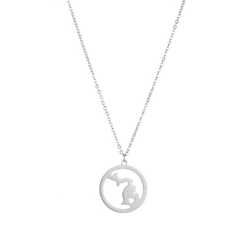 State of Michigan Map Pendant Necklace Stainless Steel MI‌ in Circle Round Heart Love Lansing City Chain Collar Clavicle Choker