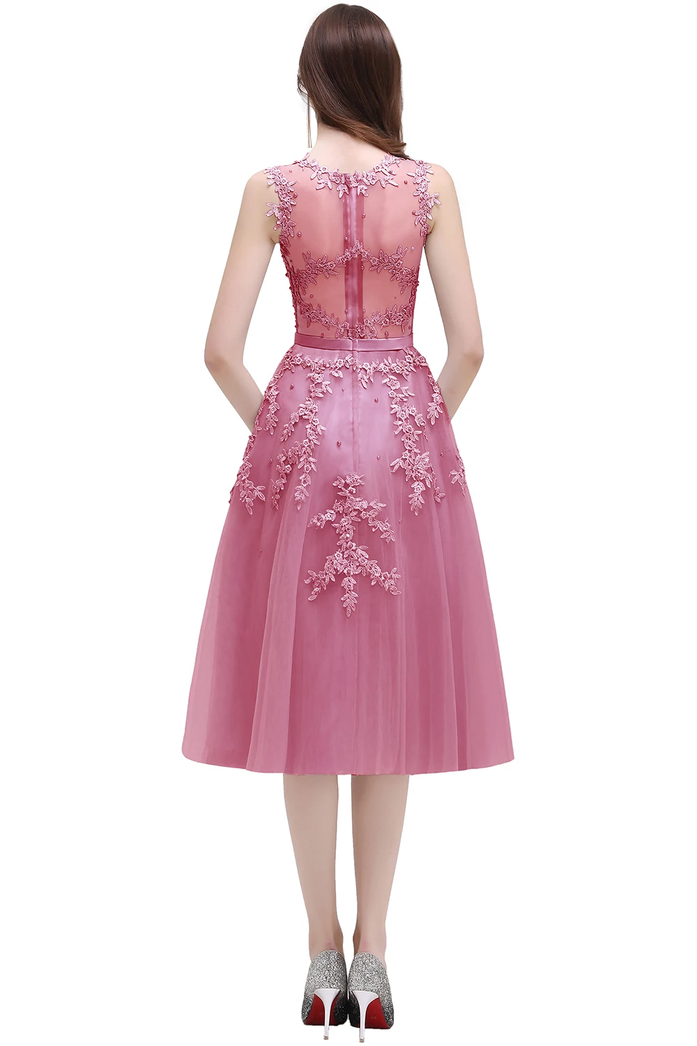 FATAPAESE Dust Pink Cocktail Knee-Length Lace Appliques Top  Flower and Pearls Short Prom Dress Party Dresses Sexy Tulle Gown