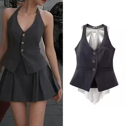 French Elegant 2 Piece Skirt Set Women Sexy Backless Sleeveless Y2k Crop Top Vest Casual Slim Pleated Crop Skirt Summer 2024