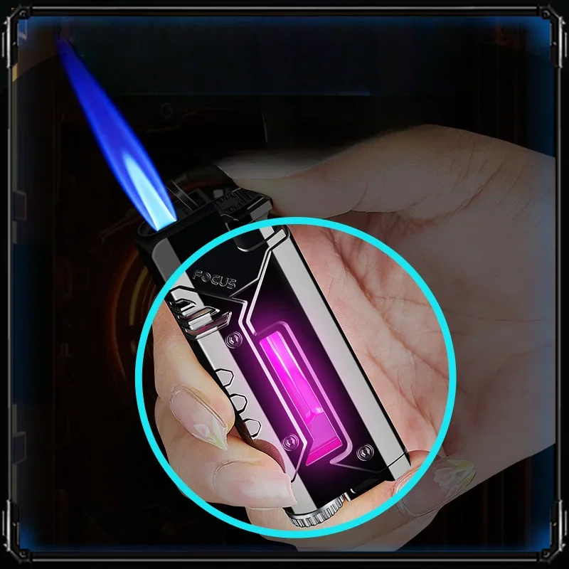 Cool LED Lantern Lighter Butane Jet Windproof Metal Lighter Visible Air Chamber Compact Portable Men's Lighter Gift