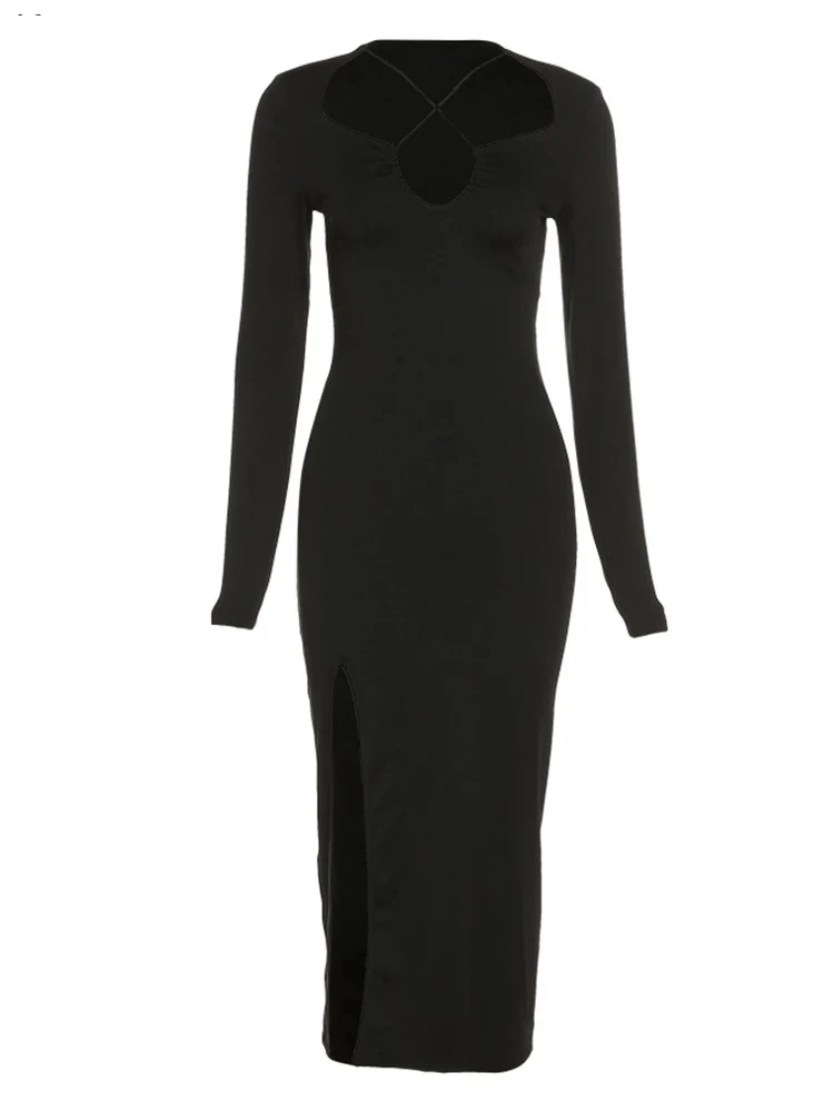Autumn Crossed Cleavage Maxi Dress Women Concise Side Spilt Elegant Vestido Lady High Street Bodycon Slim Robe Skirt - Image 5