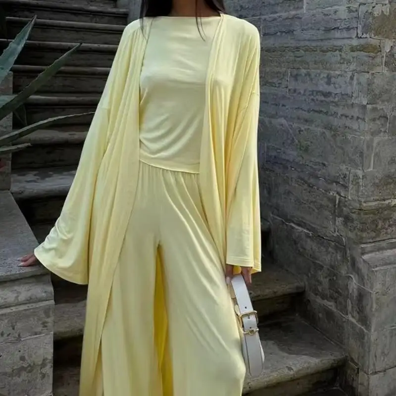 

New Arrival Women's Long Sleeve Open Front Cardigan Set with High Waist Trousers Korean Fashion Solid Color Casual Suit