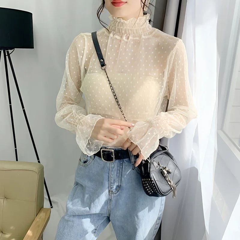 Sexy Women T Shirt See Through Transparent Mesh Tops Long Sleeve Sheer Slim Ladies Solid Turtleneck Silk T-Shirt Lace Crop Top