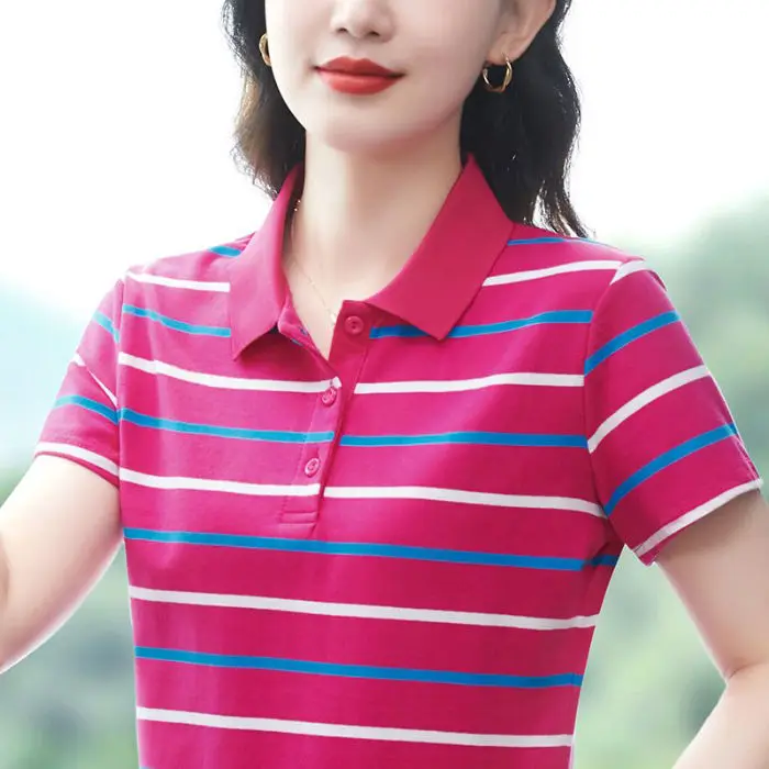 

2025 Summer Cotton Striped Shirts for Women Fashion New Short-sleeved Loose Collar Lapel POLO Tops Women Clothes Ropa De Mujer