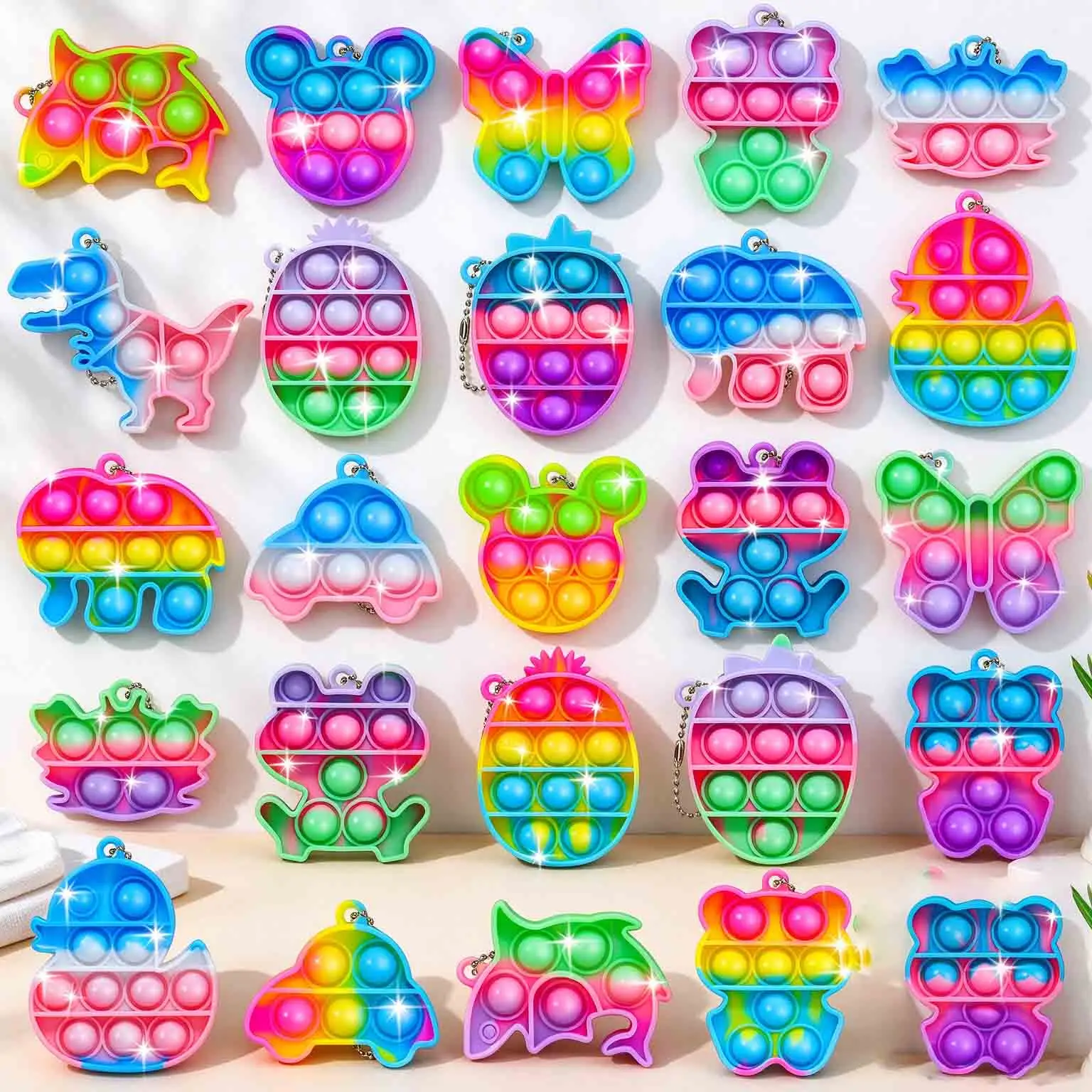 6/12/24Pcs Rainbow Pop Fidget Keychain, Finger Press Bubble Relief Pendant Squishy Squishies Anti Stress Party Favprs Fidget Toy
