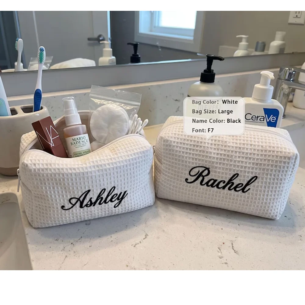 Waffle Cosmetic Bag Personalized Bridesmaid Makeup Bag Bridal Shower Gift Monogram Toiletry Gift for Her  Team Bride Travel Bag