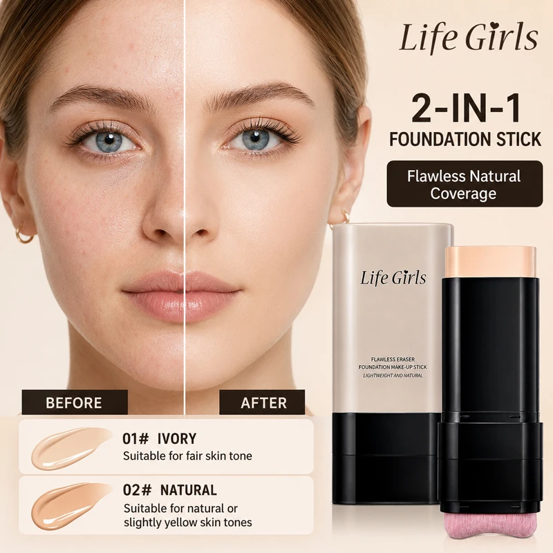 2-in-1 Foundation Stick with Brush, Full Coverage Waterproof Concealer Makeup Stick, Long Lasting Natural Matte Finish