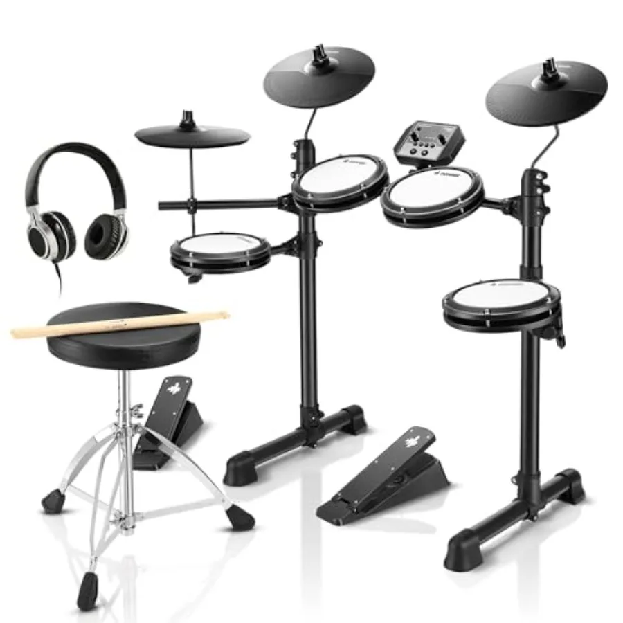 Electronic drum set for home practice with mesh pads, black finish, ultra-quiet operation and 180+ sounds