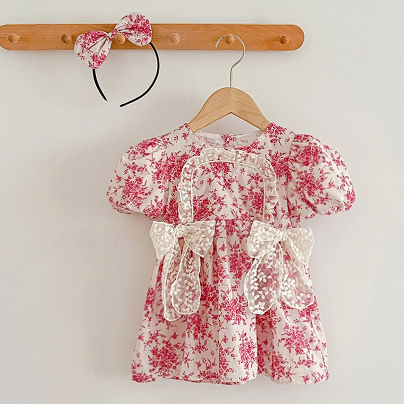 2024 New Summer Baby Girl Clothing Kids Princess Dresses Baby Romper Short Sleeved Cotton Flower Print Baby Girl Party Dress