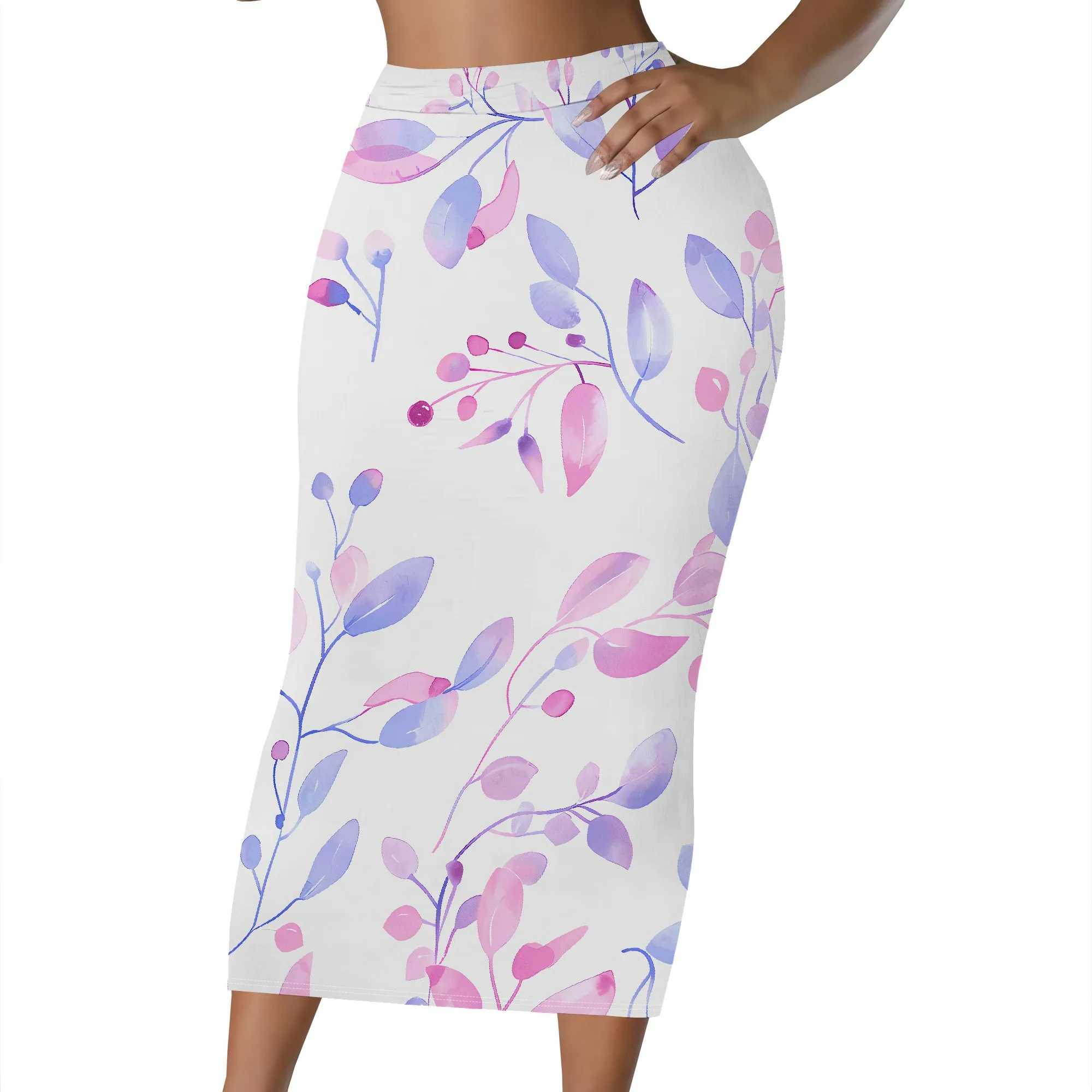 Aquarell-Blumen-Midirock, lila-rosa Blätter-Print, Bleistiftrock mit elastischem Bund, Büro- und Partykleidung, S-2XL – Detail 1