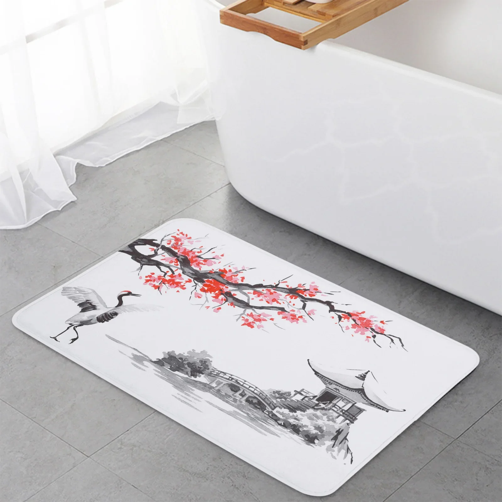 Crane Plum Tree Pavilion Ink Flower Chinese Style Kitchen Doormat Bedroom Bath Floor Carpet House Door Mat Area Rugs Home Decor