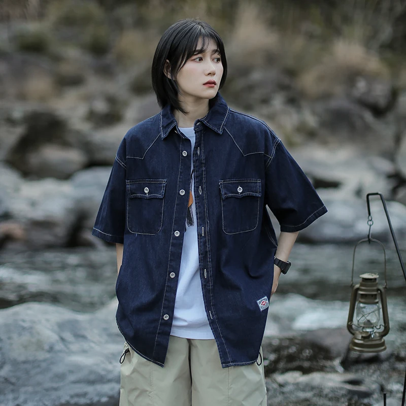 

y Japanese Retro Denim ort Sve Повседневный свободный воротник irt ex Summer Faion Молодежный тренд arp Looking irt