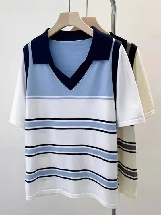 Женская модная полосатая футболка больших размеров, летняя свободная утягивающая футболка irt V-Ne, искусственный вязаный топ из двух предметов