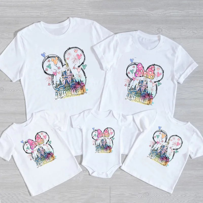 Disney Castle Printed Father Mother-kids Family Matching Outfits White Cotton Tshirt Matching Suits for the Family