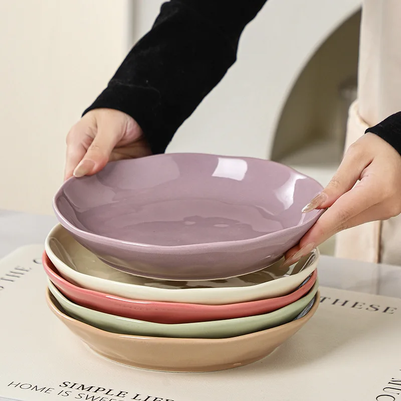 

8-inch Hand-textured Cream-style Series Deep Plate Home Round Dinner Plate Simple Solid Color Large Capacity Ceramic Fruit Plate