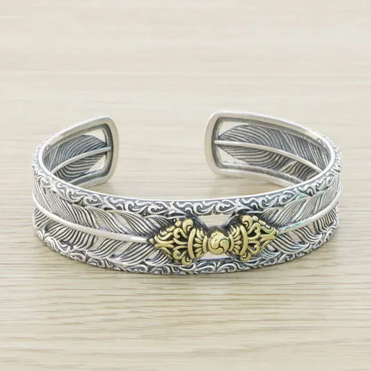 

Высококачественный серебряный браслет ручной работы из серебра S925 в стиле ретро с бриллиантами и перьями пести, персонализированный нишевый модный мужской открытый браслет