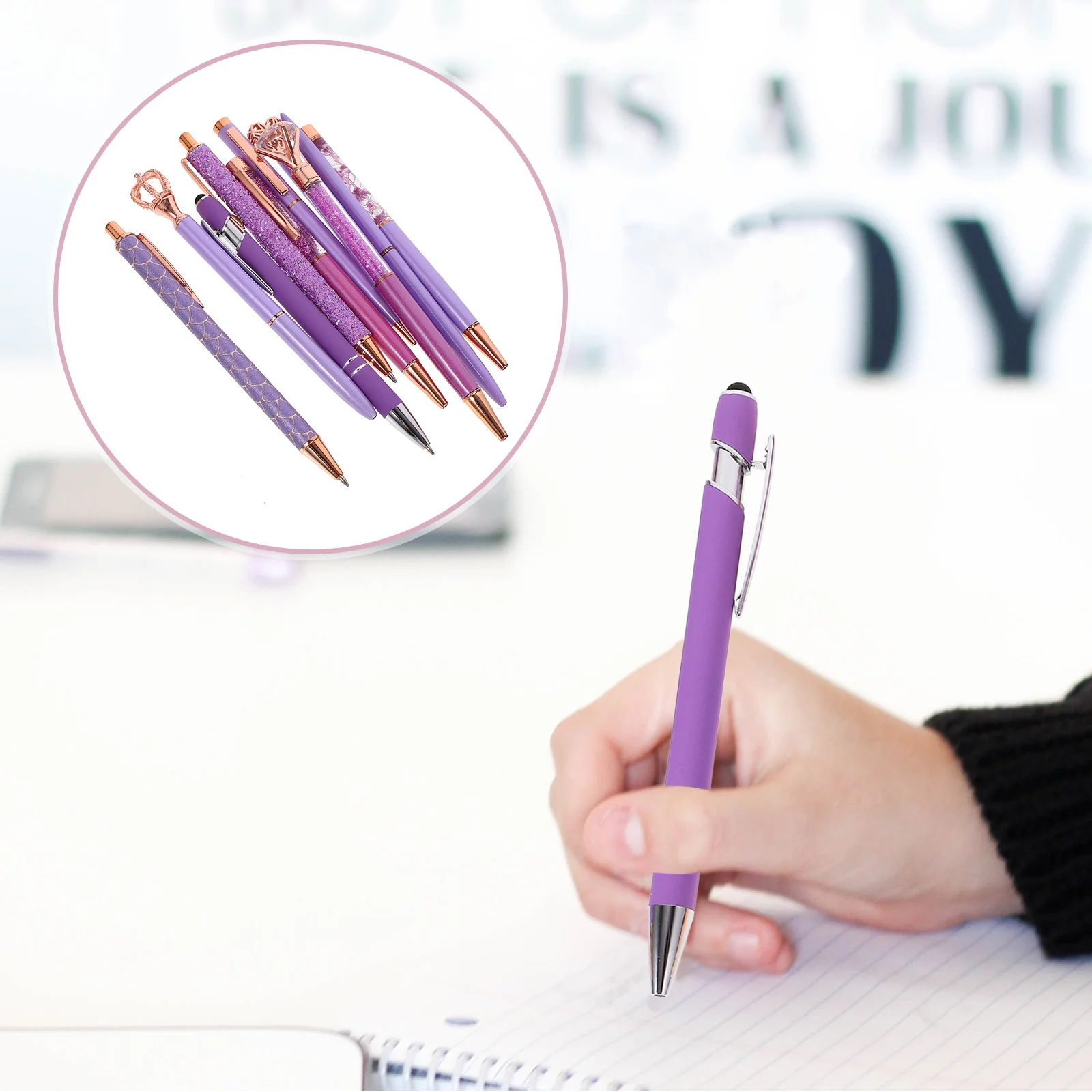 10pcs Purple Rhinestone Ballpoint Pens Metal Smooth Writing Pen For Students Office Comfortable Grip Signature Writing
