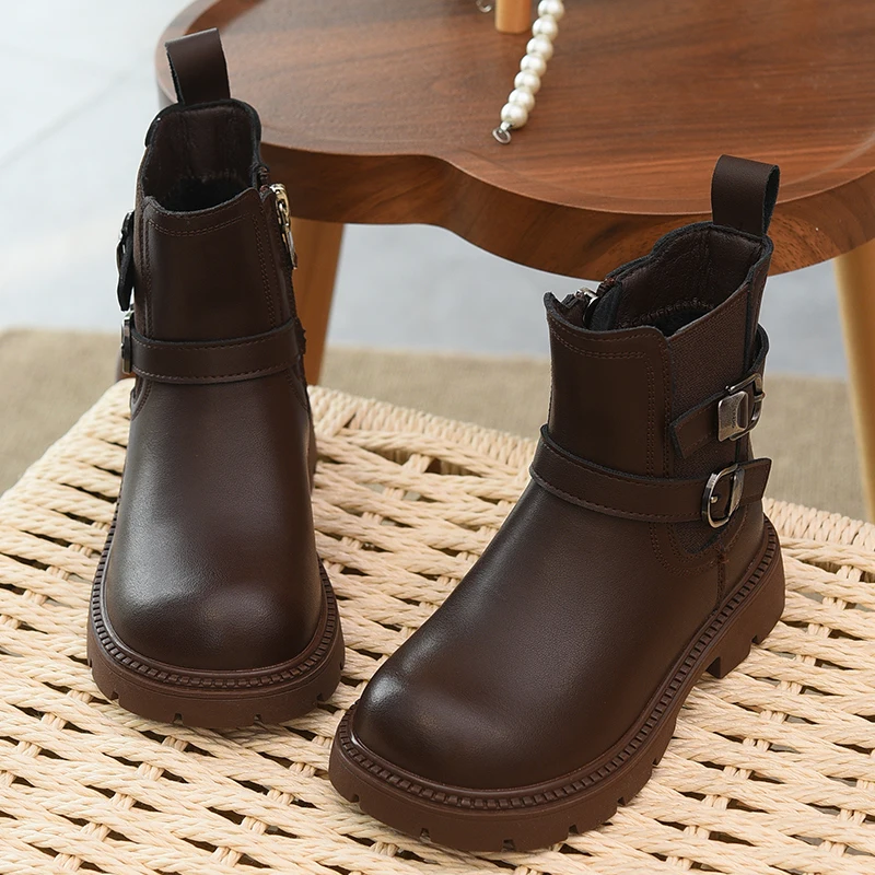 Children's boots, genuine leather, girls' short boots, 2025 autumn and winter new style, children's shoes with plush cotton boot