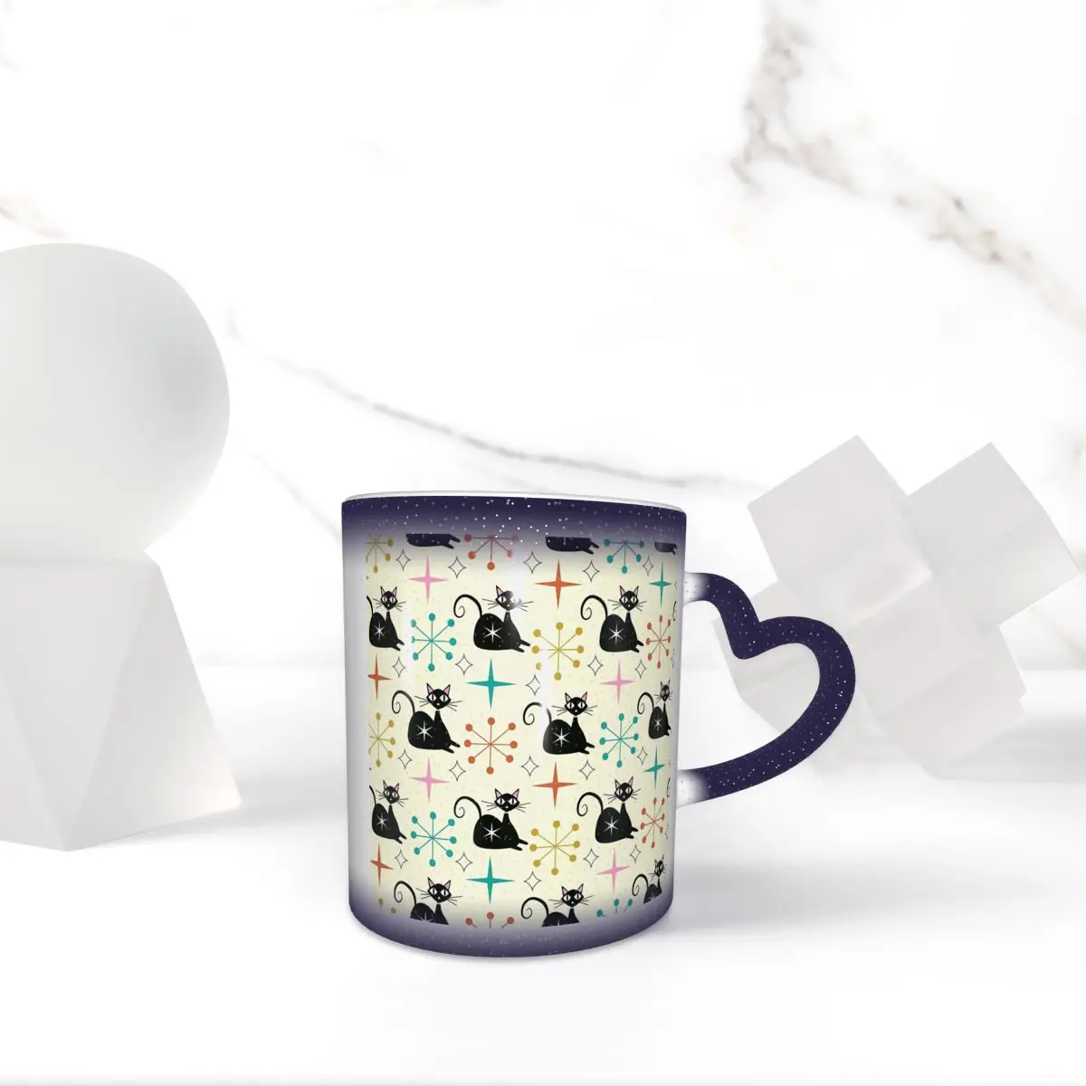 Taza de gato atómico negro de mediados de siglo con Starbursts, divertidas tazas de café de cerámica, tazas de té, taza de leche, regalos para amigos