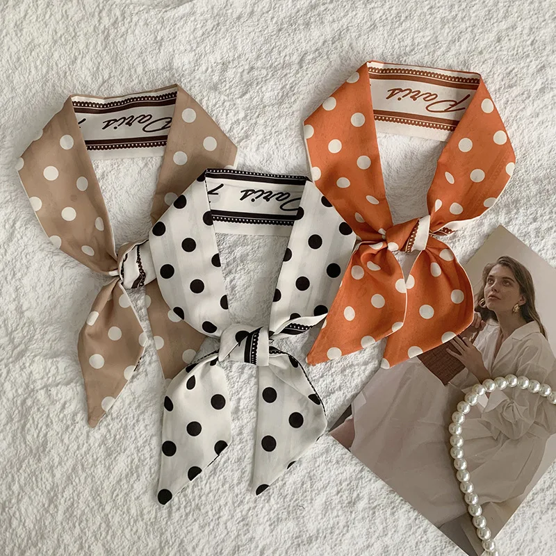 Long silk scarf women's neck decorative scarf spring versatile small polka dot ribbon headscarf headband hair tie bag streamer