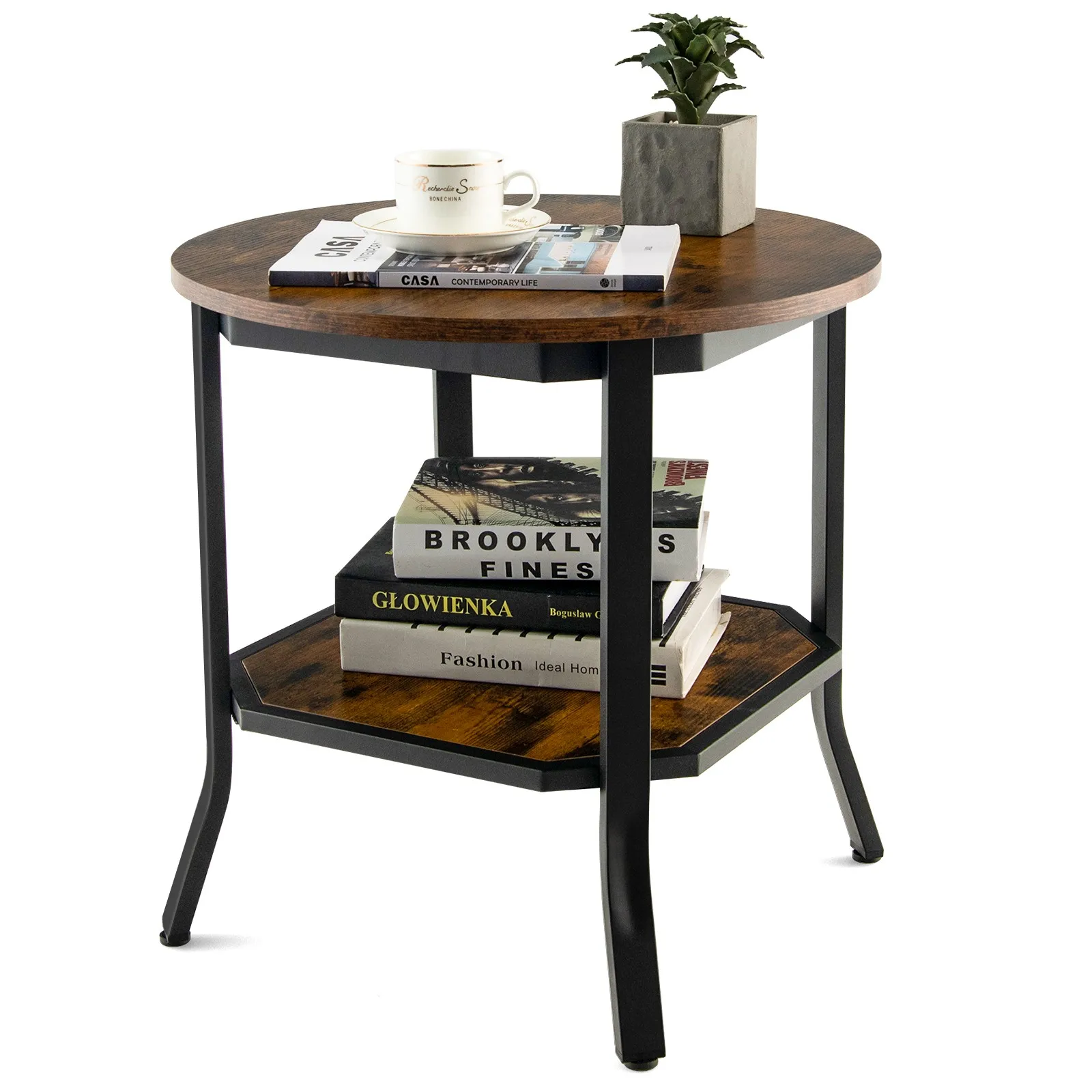 

Nightstand Round Tabletop 2-Tier Sofa End Side Table for Living Room Brown