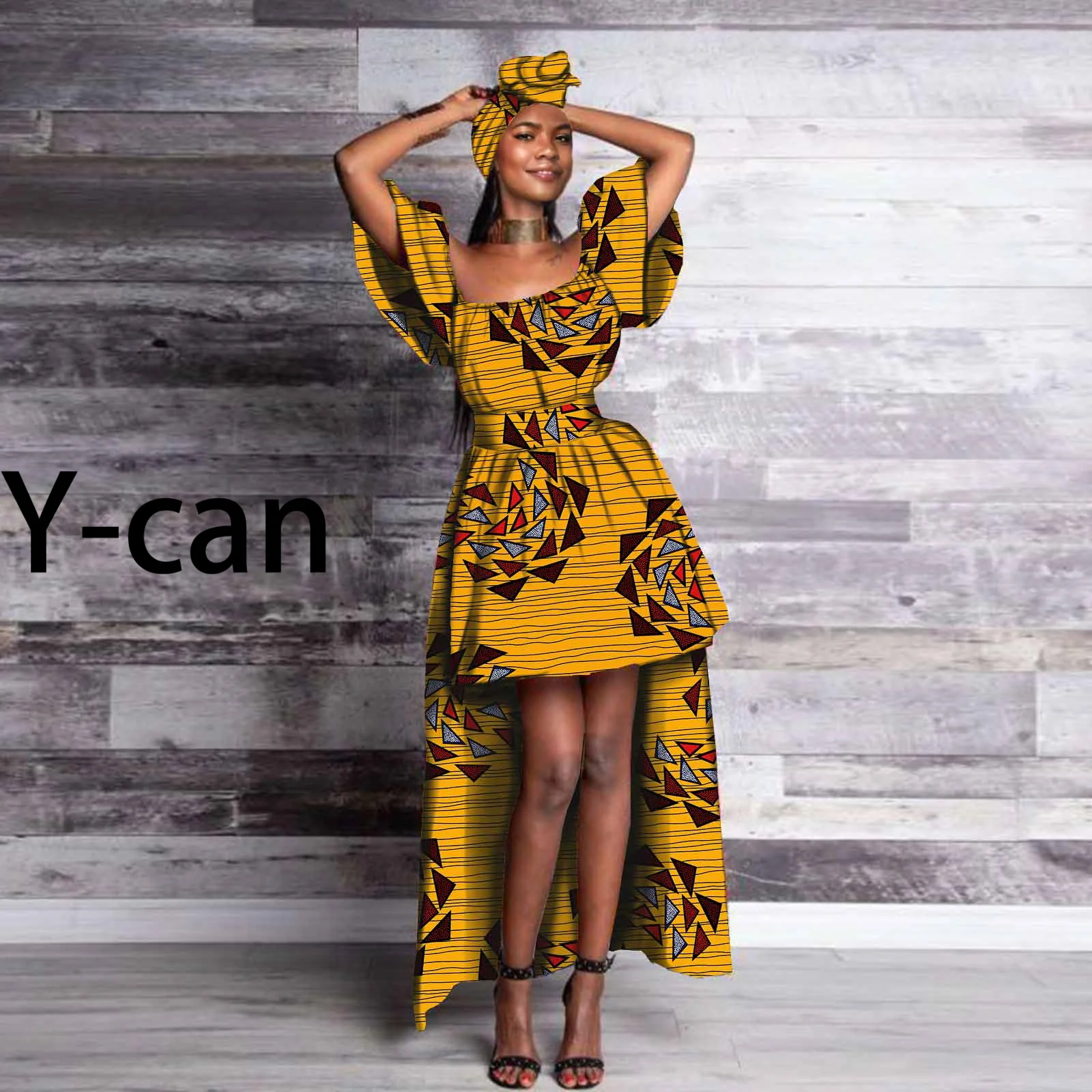 African Dresses for Women Dashiki Ankara Print Puff Sleeve Long Irregular Skirt with Headwrap Bazin Riche Lady Outfit S2125046