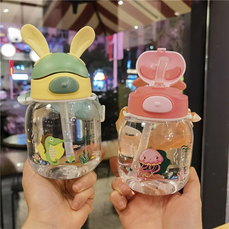 

Cute children bunny backpack water bottle kindergarten portable cartoon water cup small fresh straight drinking straw cups