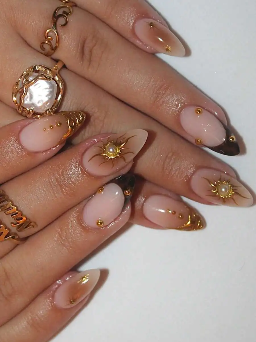 Set Of 10 Handmade Nails Almond-Shaped Press-On Nails Featuring A Mix Of Brown-Coffee Leopard Print, Luxe Sunburst And Gilded Textures, Smooth Ivory-White Pearls, Champagne-Toned Gradients, And Sparkling Gold Micro-Bead Accents.
