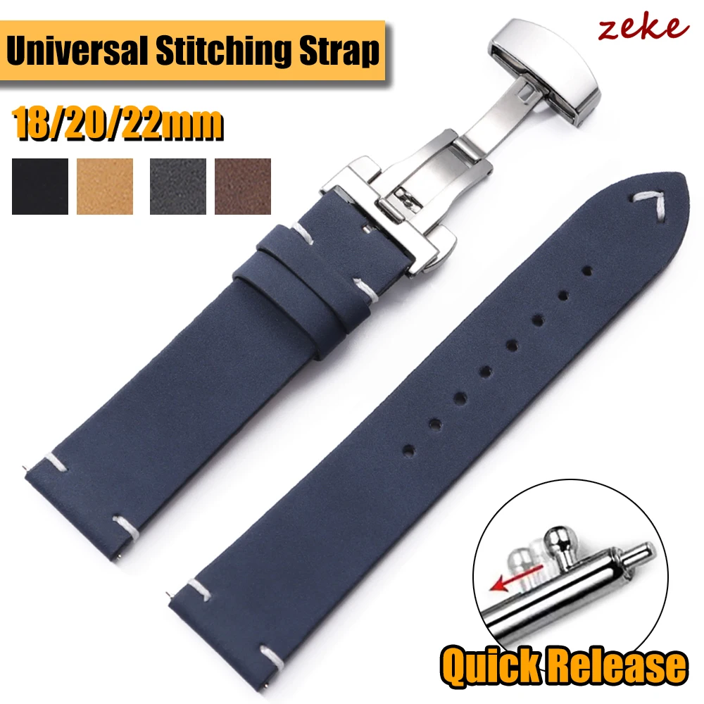 Schnellverschluss-Uhrenarmband aus handgefertigtem Leder mit Nähten, 18 mm, 20 mm, 22 mm, Universalbänder, Vintage-Armband aus Kalbsleder mit Schmetterlingsschnalle