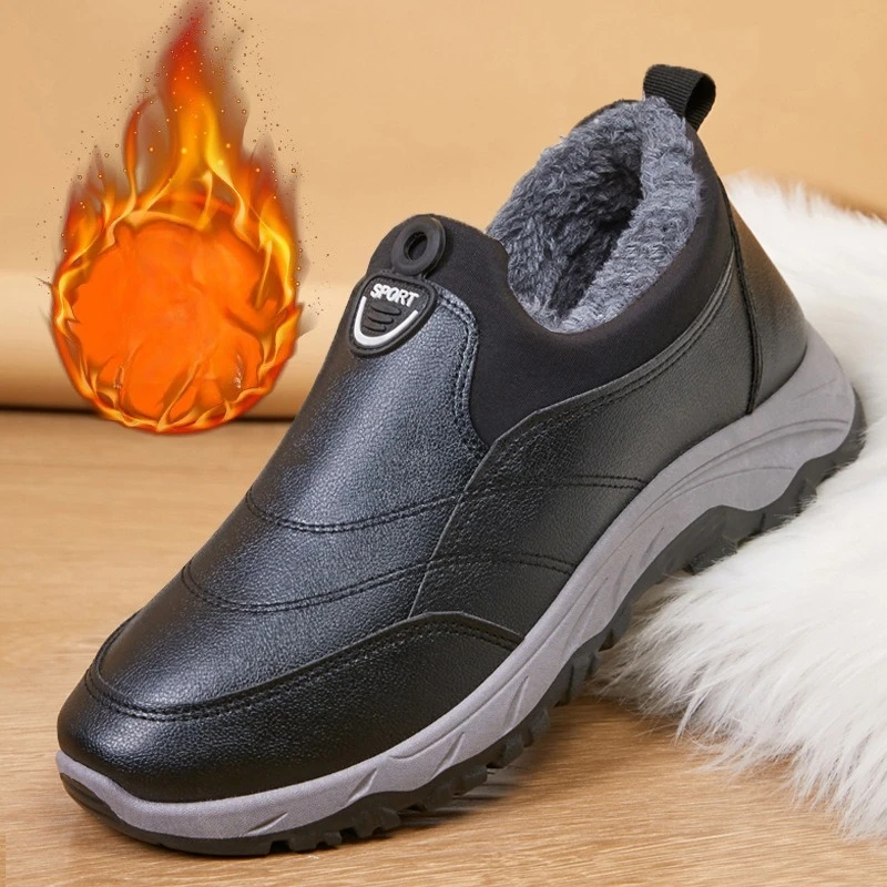 

Men Cotton Boots PU Leather Snow Boots Winter Rubber Sole Warm Boots Non-slip Thickened Plush Casual Shoes Slip on Work Men Boot